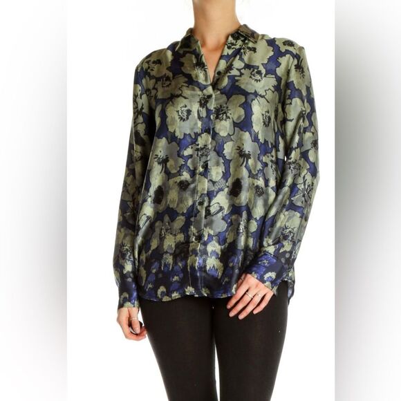 BANANA REPUBLIC Dillon Floral Silky Blouse Button Down Front XS Blue Green - Picture 1 of 9